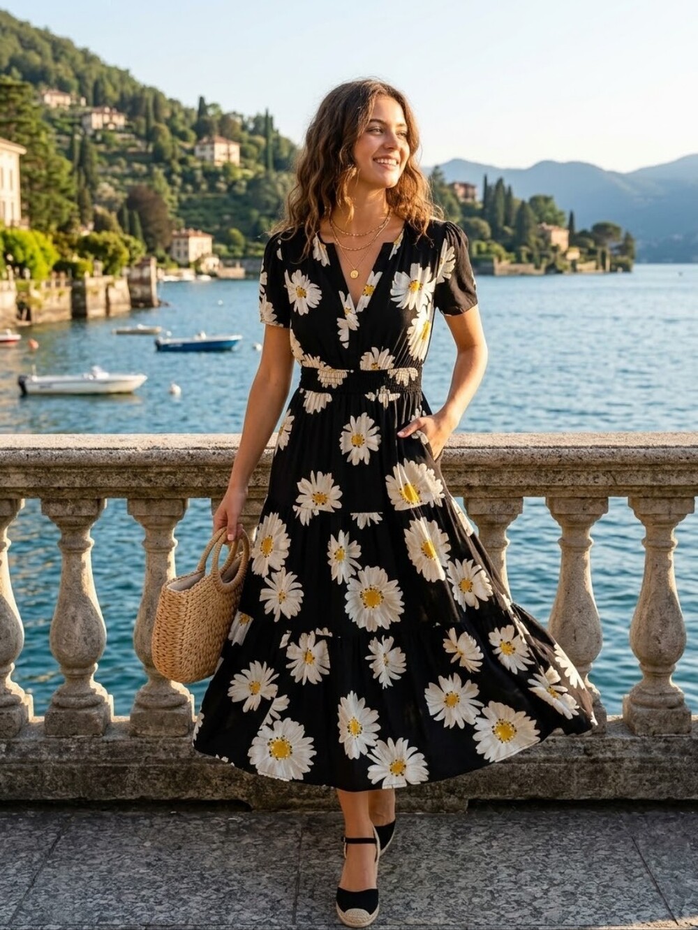 Cupshe Tiered Midi Dress with Daisy Print - Black